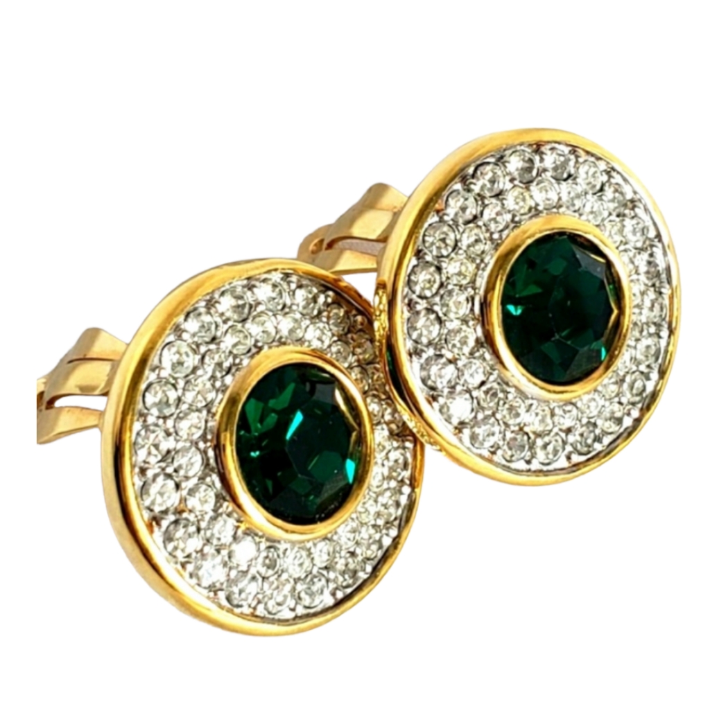 Vintage Gold & Emerald Swarovski Gold Diamond S.A.L. 1980's Clip On Earrings